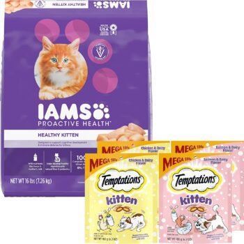 Bundle of IAMS Proactive Health Kitten Dry Cat Food, 16 lb. Bag + Temptations Treats, Chicken, Salmon & Dairy, 4-Pack (6.3 oz per Pack)