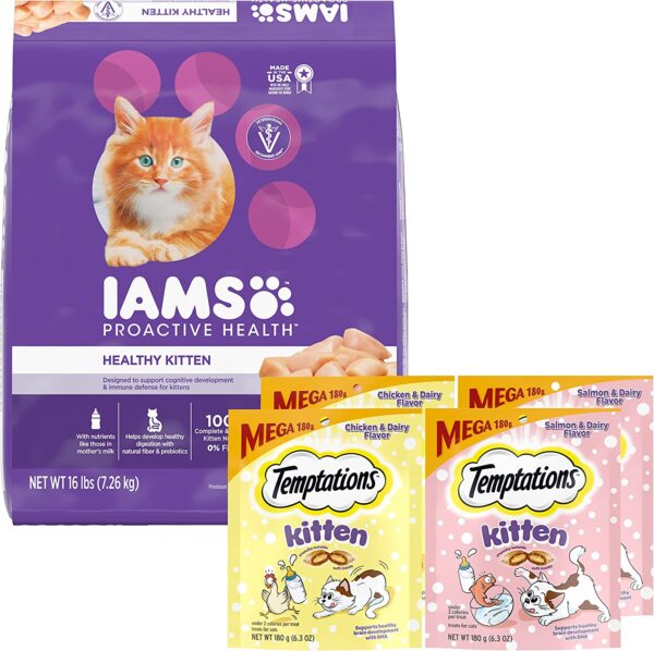 Bundle of IAMS Proactive Health Kitten Dry Cat Food, 16 lb. Bag + Temptations Treats, Chicken, Salmon & Dairy, 4-Pack (6.3 oz per Pack)